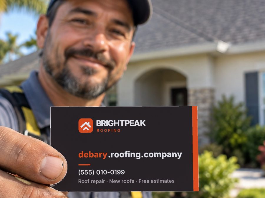 debary.roofing.company on a roofer's business card