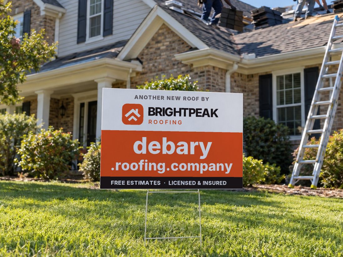 debary.roofing.company on a yard sign in front of a house getting a new roof