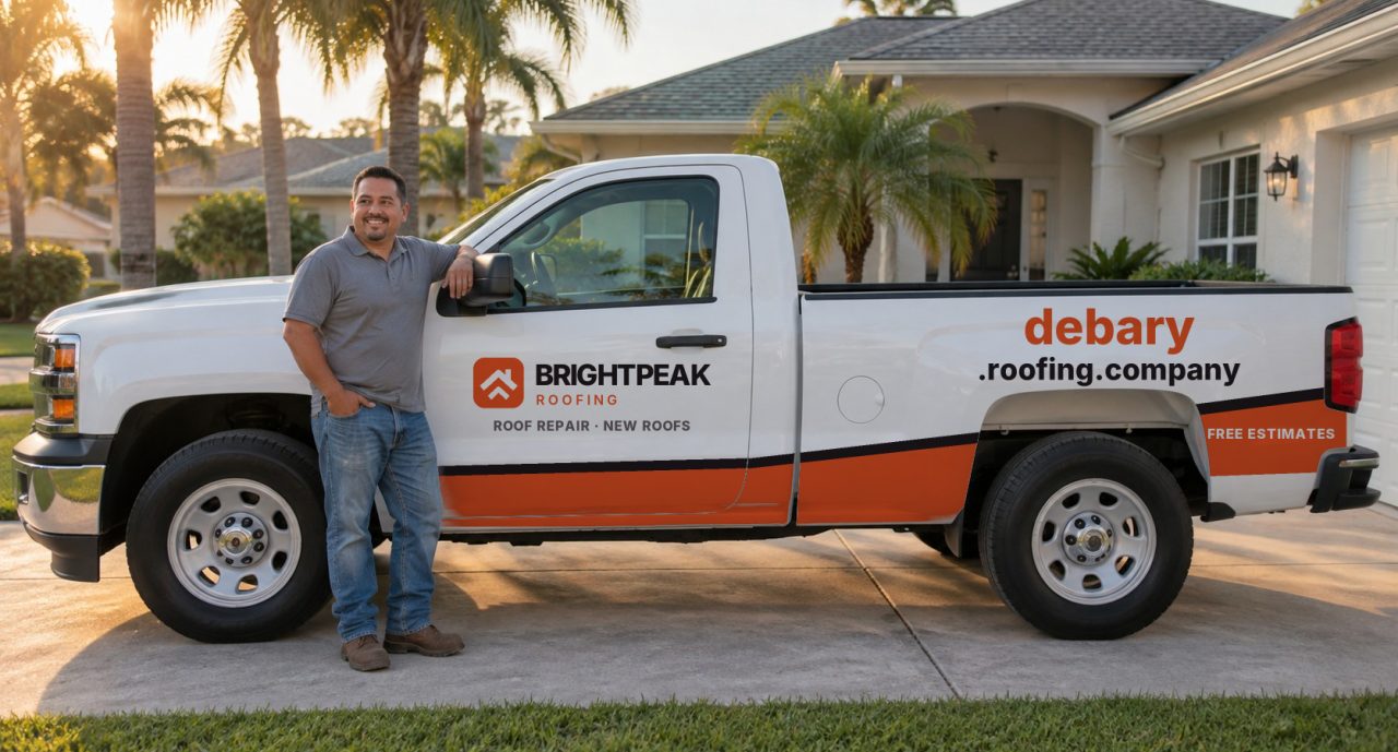 debary.roofing.company painted on the side of a white work truck