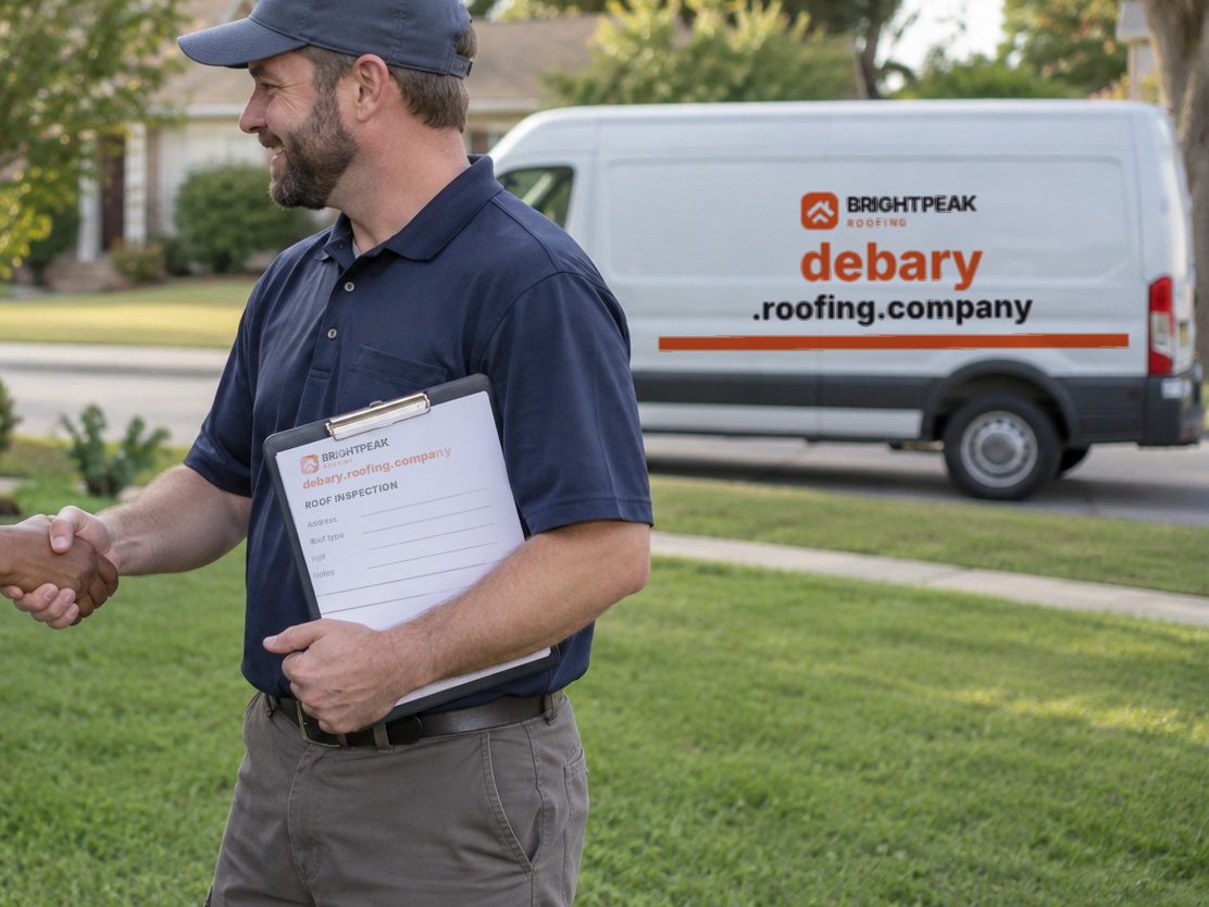 debary.roofing.company on a roofing van and an inspection form
